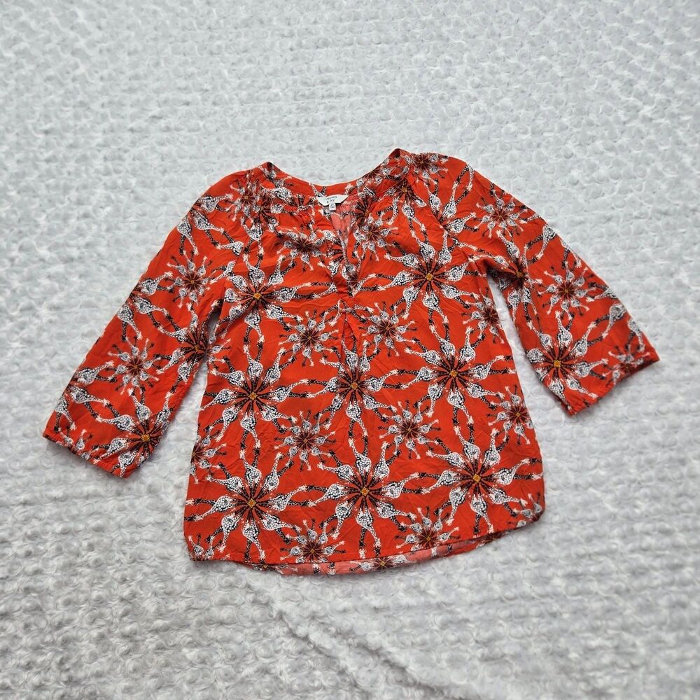 Crown & Ivy Giraffes Blouse Womens XS Orange V-Neck 3/4 Sleeve Bell All Seasons